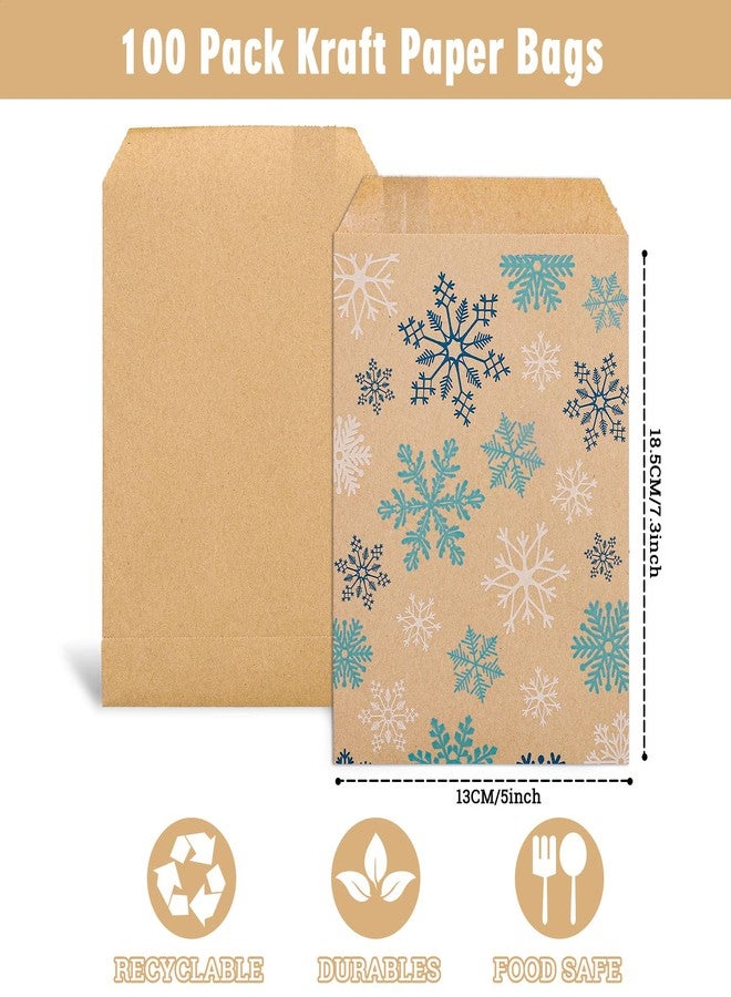 Whaline 100 Pack Winter Christmas Treat Bags Blue White Snowflakes Prints Goodies Snack Gift Bag Christmas Kraft Candy Buffet Paper Bags for Xmas Winter Holiday Party Favor Supplies, 5 x 7Inch - Image 2